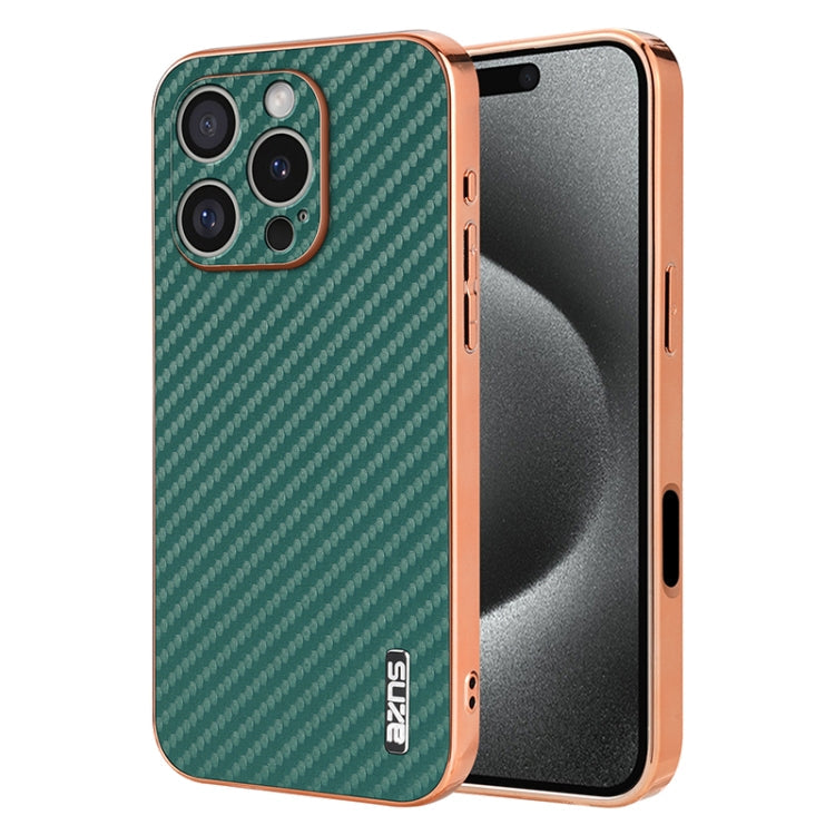 For iPhone 16 Pro AZNS Electroplated Edge Carbon Fiber Texture Phone Case(Green)