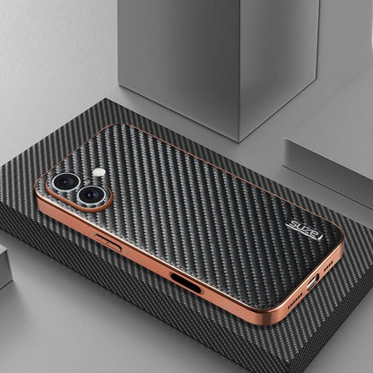 For iPhone 16 Plus AZNS Electroplated Edge Carbon Fiber Texture Phone Case(Black)