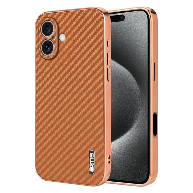 For iPhone 16 Plus AZNS Electroplated Edge Carbon Fiber Texture Phone Case(Brown)