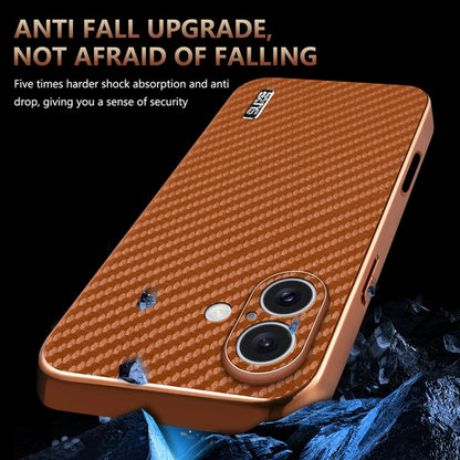 For iPhone 16 Plus AZNS Electroplated Edge Carbon Fiber Texture Phone Case(Brown)