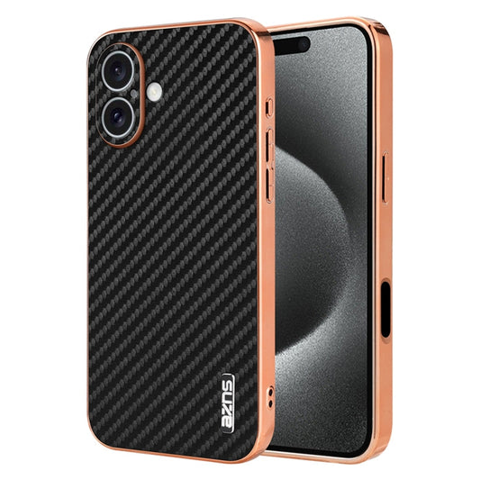 Pour iPhone 16 AZNS Coque de téléphone à texture en fibre de carbone avec bord galvanisé (Noir)