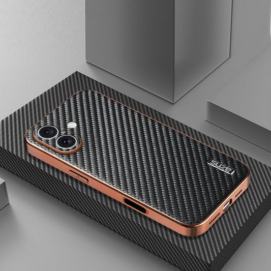 Pour iPhone 16 AZNS Coque de téléphone à texture en fibre de carbone avec bord galvanisé (Noir)