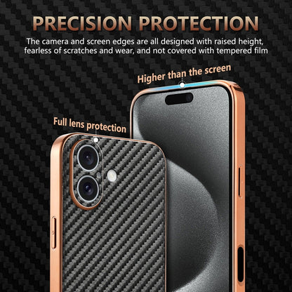 For iPhone 16 AZNS Electroplated Edge Carbon Fiber Texture Phone Case(Black)