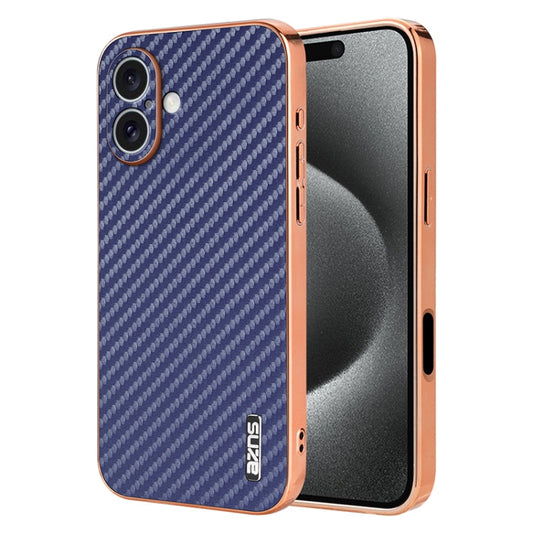 Pour iPhone 16 Coque de téléphone à bords galvanisés et texture fibre de carbone AZNS (Bleu)