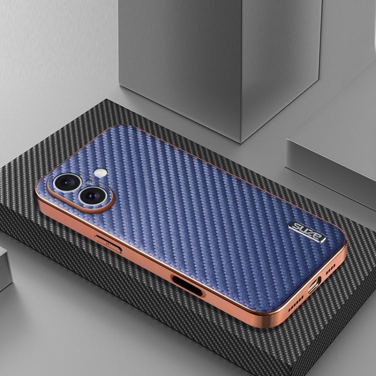 For iPhone 16 AZNS Electroplated Edge Carbon Fiber Texture Phone Case(Blue)