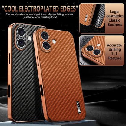 For iPhone 16 AZNS Electroplated Edge Carbon Fiber Texture Phone Case(Blue)