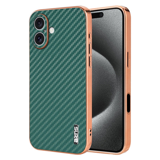 Pour iPhone 16 Coque de téléphone à texture fibre de carbone avec bord galvanisé AZNS (Vert)