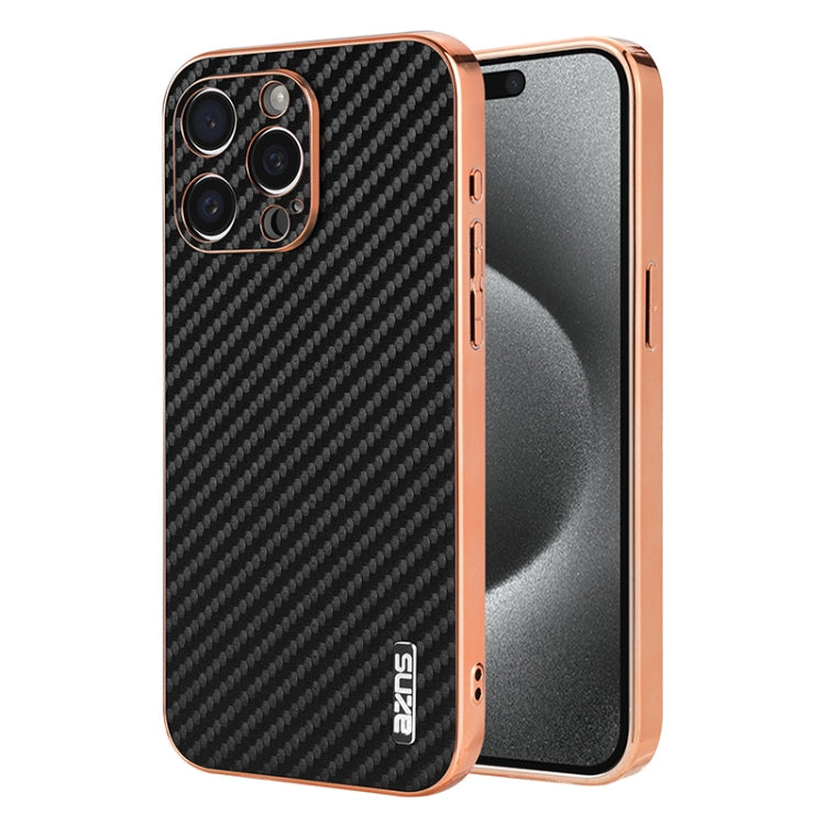 For iPhone 15 Pro Max AZNS Electroplated Edge Carbon Fiber Texture Phone Case(Black)
