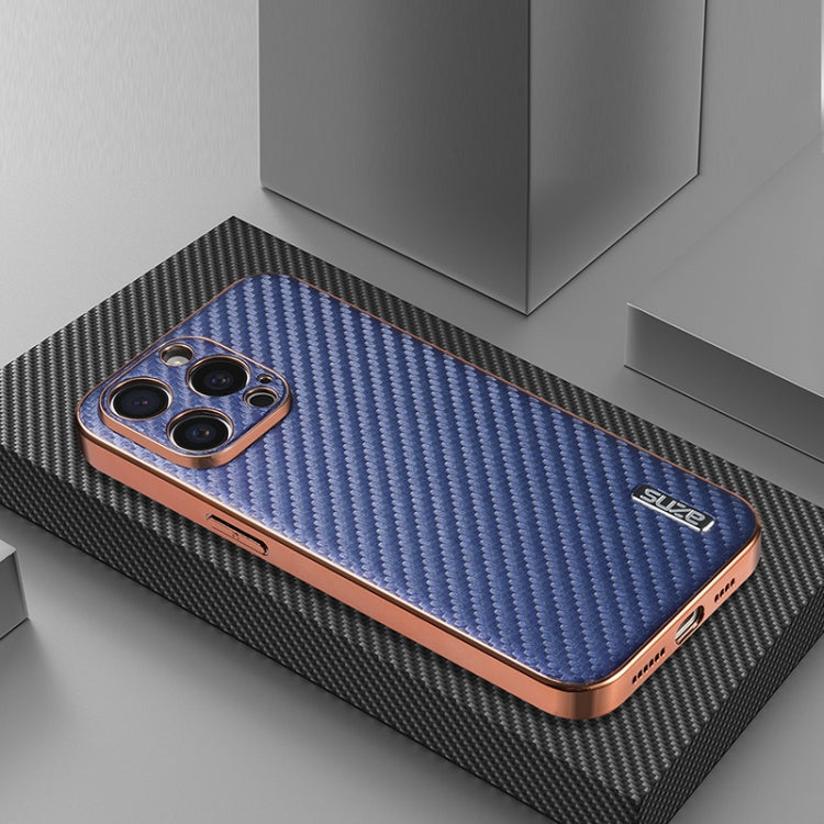 For iPhone 15 Pro Max AZNS Electroplated Edge Carbon Fiber Texture Phone Case(Blue)