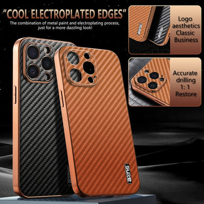 For iPhone 15 Pro AZNS Electroplated Edge Carbon Fiber Texture Phone Case(Black)