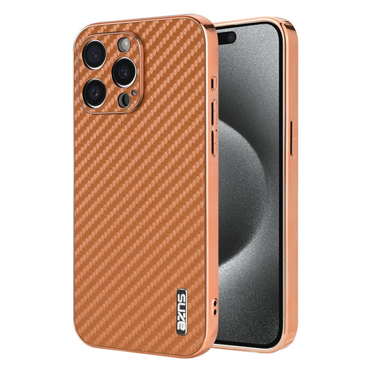 For iPhone 15 Pro AZNS Electroplated Edge Carbon Fiber Texture Phone Case(Brown)