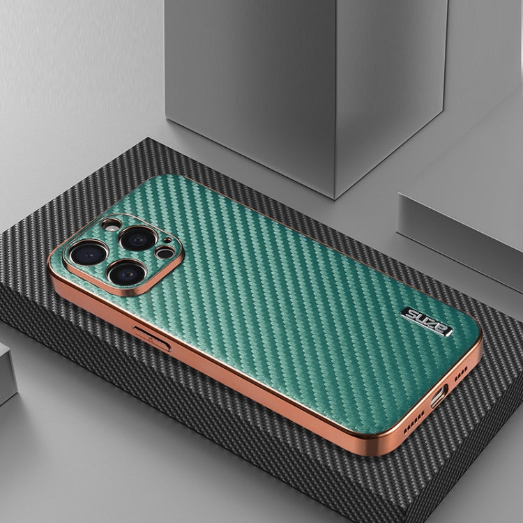 For iPhone 15 Pro AZNS Electroplated Edge Carbon Fiber Texture Phone Case(Green)