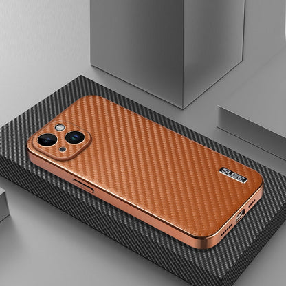 For iPhone 15 Plus AZNS Electroplated Edge Carbon Fiber Texture Phone Case(Brown)