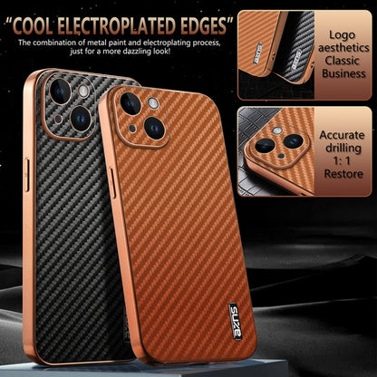 For iPhone 15 Plus AZNS Electroplated Edge Carbon Fiber Texture Phone Case(Brown)