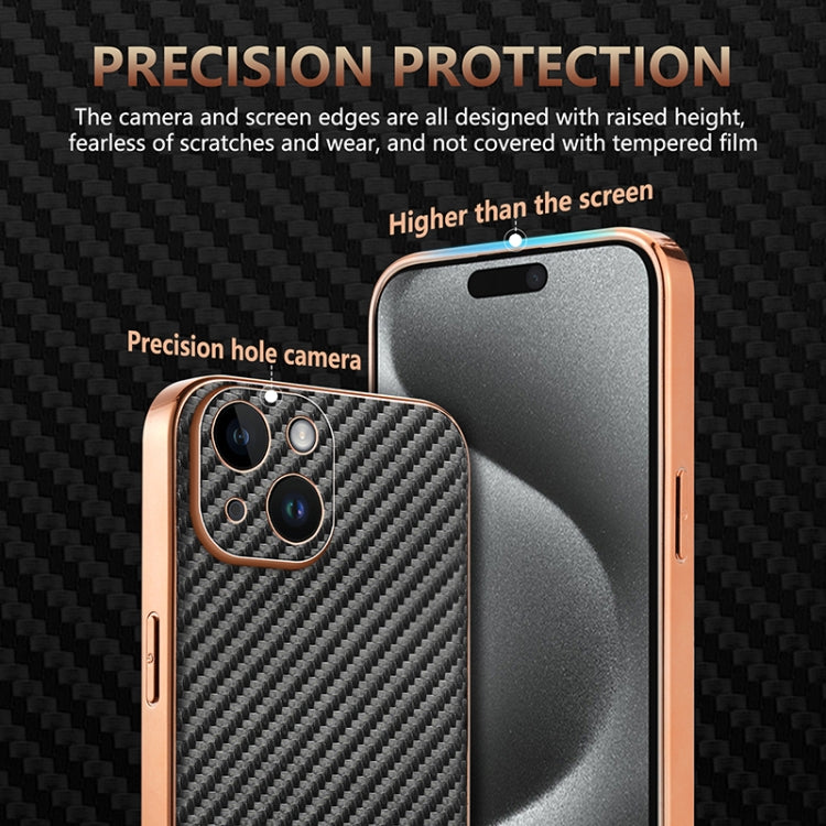 For iPhone 15 Plus AZNS Electroplated Edge Carbon Fiber Texture Phone Case(Brown)