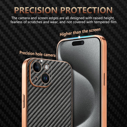 For iPhone 15 Plus AZNS Electroplated Edge Carbon Fiber Texture Phone Case(Brown)