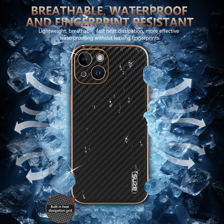 For iPhone 15 Plus AZNS Electroplated Edge Carbon Fiber Texture Phone Case(Brown)