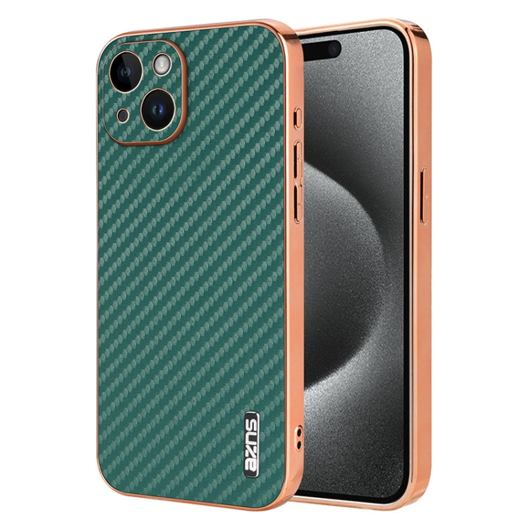 For iPhone 15 Plus AZNS Electroplated Edge Carbon Fiber Texture Phone Case(Green)