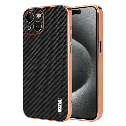 For iPhone 15 AZNS Electroplated Edge Carbon Fiber Texture Phone Case(Black)