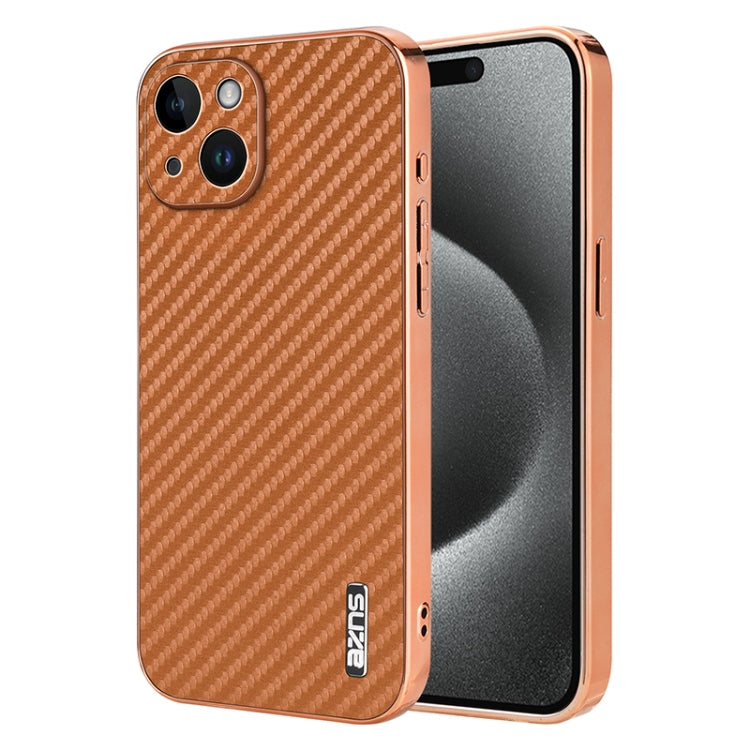 For iPhone 15 AZNS Electroplated Edge Carbon Fiber Texture Phone Case(Brown)