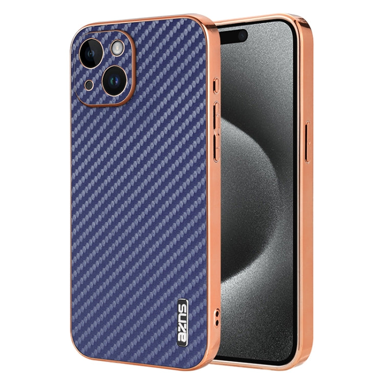 For iPhone 15 AZNS Electroplated Edge Carbon Fiber Texture Phone Case(Blue)