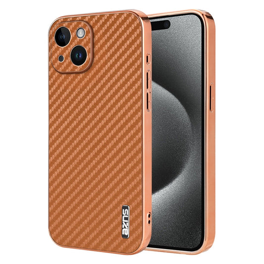 Pour iPhone 14 Plus Étui de Téléphone AZNS avec Bord Galvanisé et Texture Fibre de Carbone (Marron)