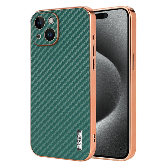 Pour iPhone 14 Plus AZNS Étui de téléphone à bord galvanisé en fibre de carbone (vert)