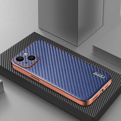For iPhone 14 AZNS Electroplated Edge Carbon Fiber Texture Phone Case(Blue)