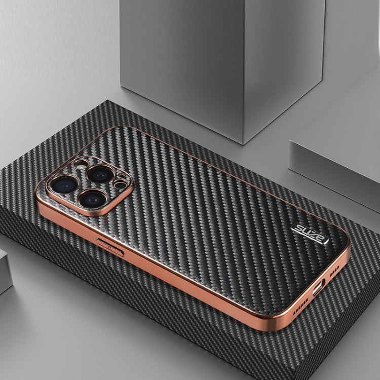 For iPhone 14 Pro AZNS Electroplated Edge Carbon Fiber Texture Phone Case(Black)