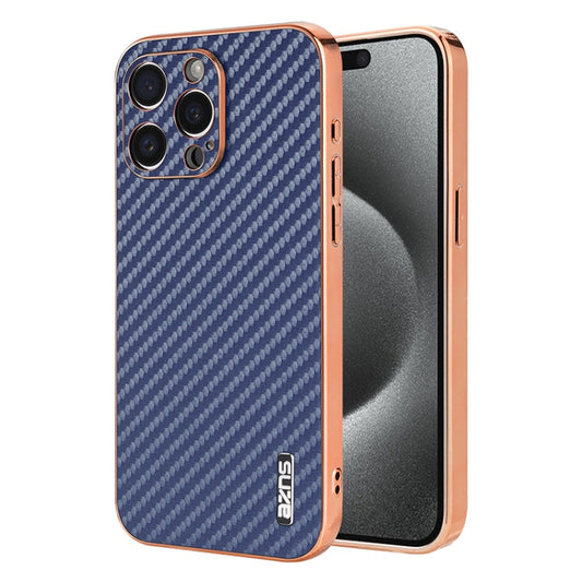 Pour iPhone 14 Pro Coque de téléphone AZNS avec texture en fibre de carbone et bords électroplaqués (Bleu)