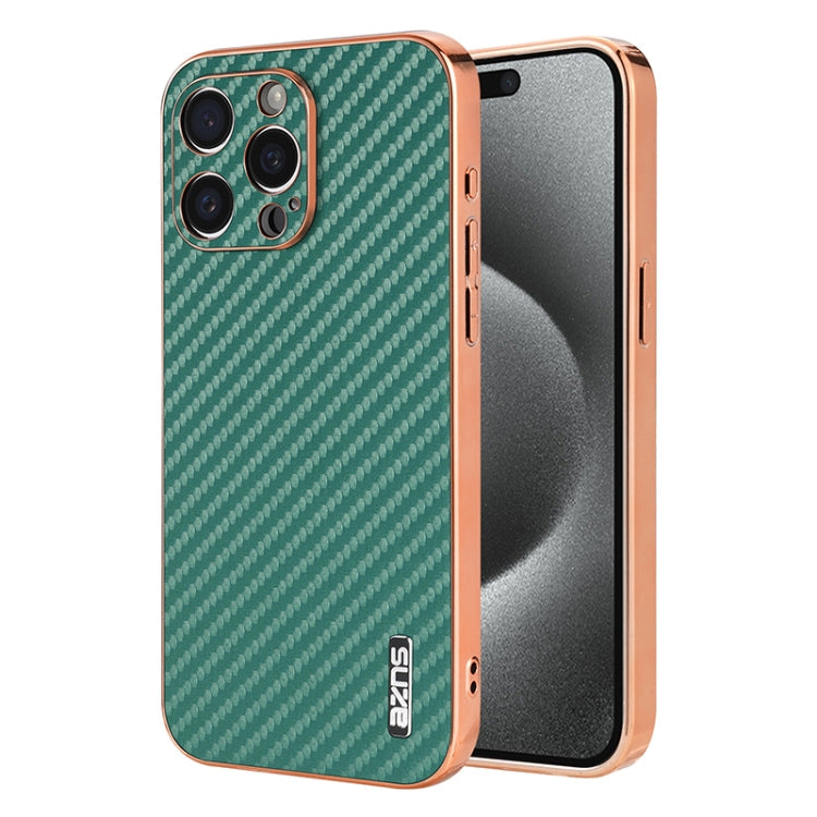 For iPhone 14 Pro Max AZNS Electroplated Edge Carbon Fiber Texture Phone Case(Green)