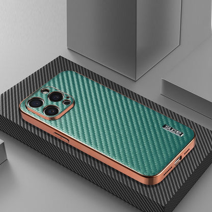 For iPhone 14 Pro Max AZNS Electroplated Edge Carbon Fiber Texture Phone Case(Green)