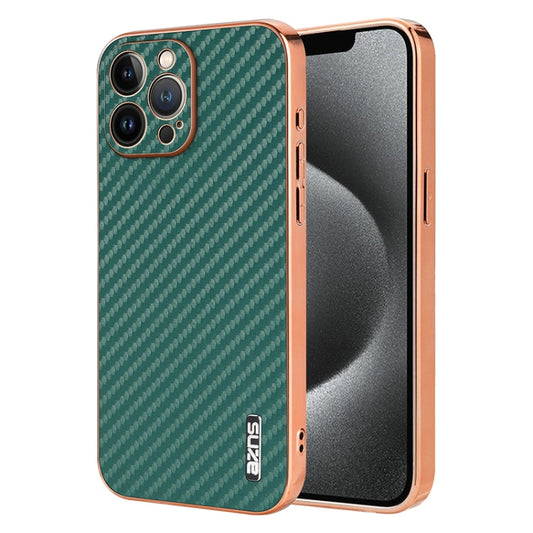 Pour iPhone 13 Pro Max Étui de téléphone AZNS à bord électrolytique et texture en fibre de carbone (vert)