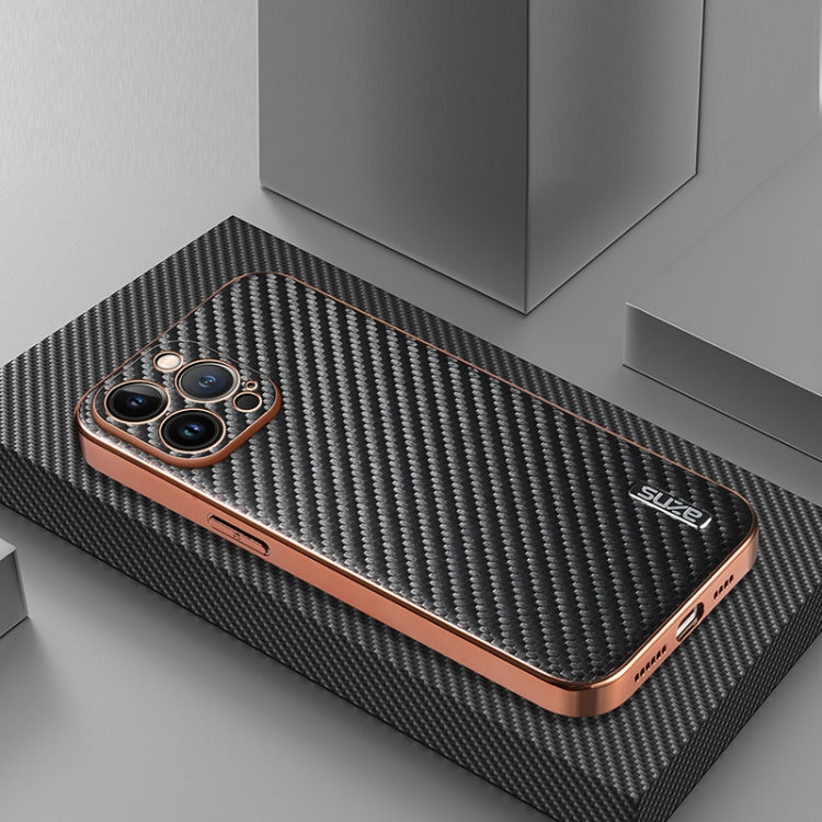 For iPhone 13 Pro AZNS Electroplated Edge Carbon Fiber Texture Phone Case(Black)