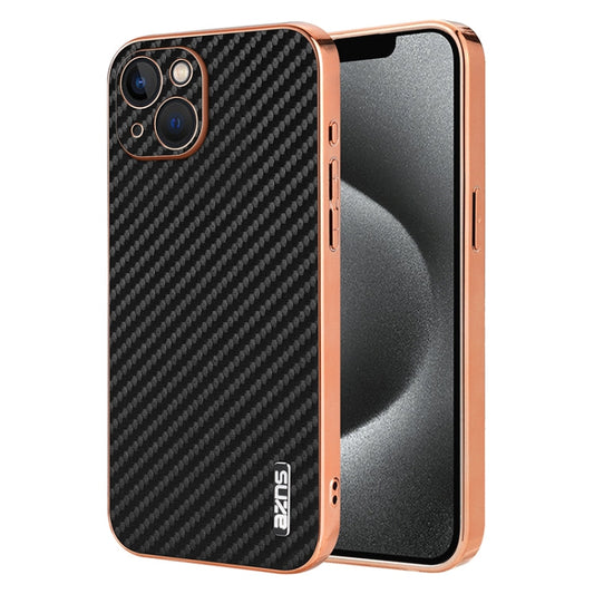 Pour iPhone 13 AZNS Coque de téléphone à bord galvanisé avec texture en fibre de carbone (Noir)