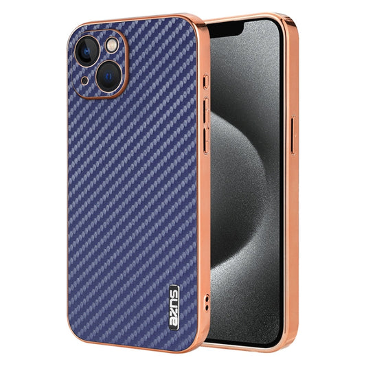 Pour iPhone 13 Étui de téléphone AZNS avec bordure électrolytique et texture en fibre de carbone (Bleu)