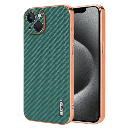 Pour iPhone 13 AZNS Coque de téléphone à texture en fibre de carbone avec bord électrolytique (vert)