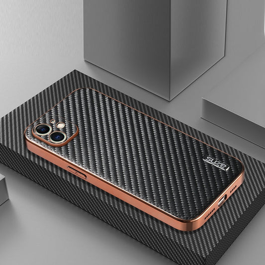 For iPhone 12 AZNS Electroplated Edge Carbon Fiber Texture Phone Case(Black)