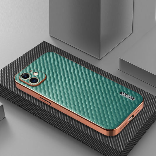 For iPhone 12 AZNS Electroplated Edge Carbon Fiber Texture Phone Case(Green)