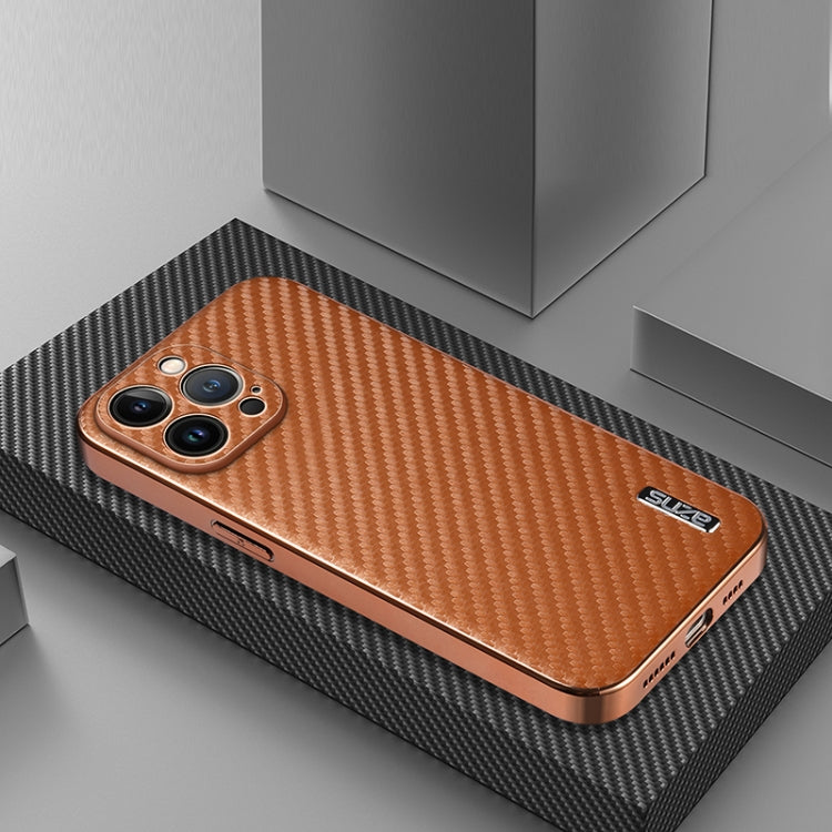 For iPhone 12 Pro AZNS Electroplated Edge Carbon Fiber Texture Phone Case(Brown)