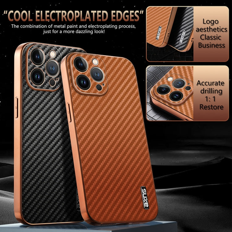 For iPhone 12 Pro AZNS Electroplated Edge Carbon Fiber Texture Phone Case(Blue)