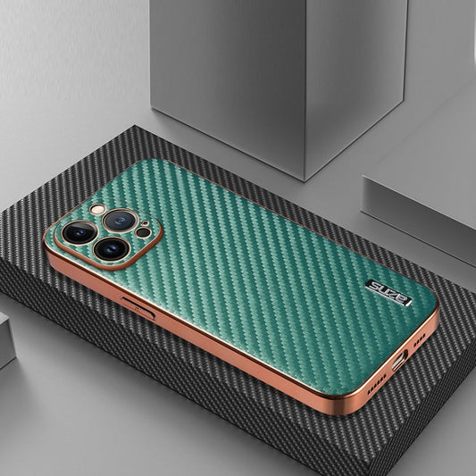 Pour iPhone 12 Pro Étui de téléphone AZNS avec bordure galvanisée et texture en fibre de carbone (vert)