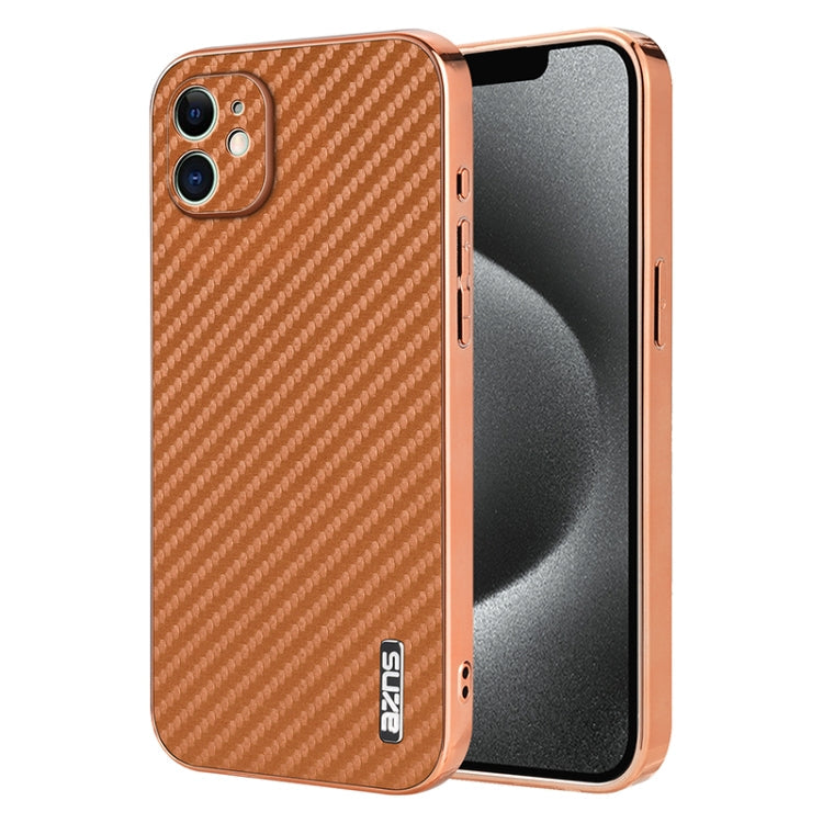 For iPhone 11 AZNS Electroplated Edge Carbon Fiber Texture Phone Case(Brown)