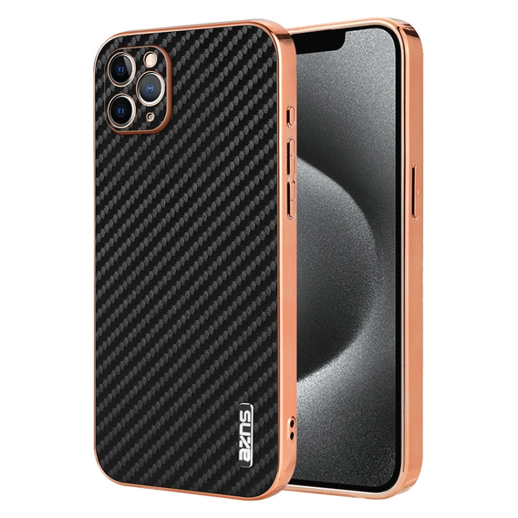 For iPhone 11 Pro AZNS Electroplated Edge Carbon Fiber Texture Phone Case(Black)