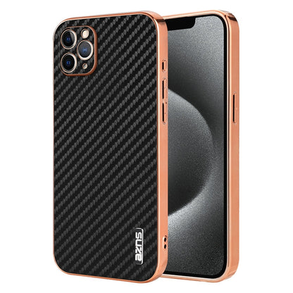 For iPhone 11 Pro AZNS Electroplated Edge Carbon Fiber Texture Phone Case(Black)