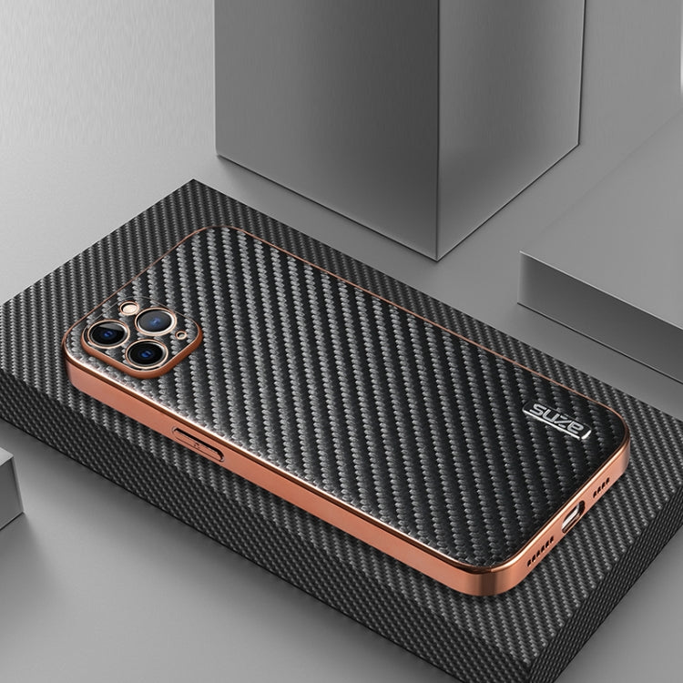 For iPhone 11 Pro AZNS Electroplated Edge Carbon Fiber Texture Phone Case(Black)