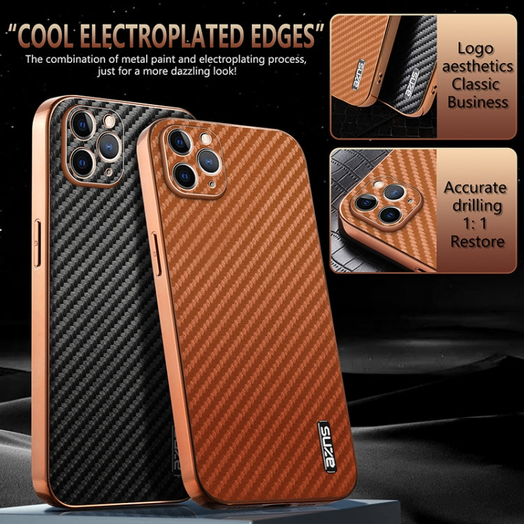For iPhone 11 Pro AZNS Electroplated Edge Carbon Fiber Texture Phone Case(Black)