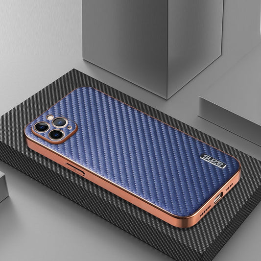For iPhone 11 Pro AZNS Electroplated Edge Carbon Fiber Texture Phone Case(Blue)