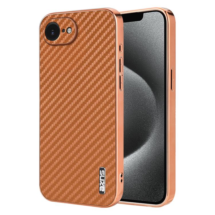 For iPhone 17e / 16e AZNS Electroplated Edge Carbon Fiber Texture Phone Case(Brown)
