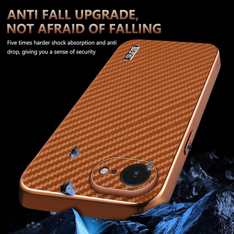 For iPhone 17e / 16e AZNS Electroplated Edge Carbon Fiber Texture Phone Case(Brown)